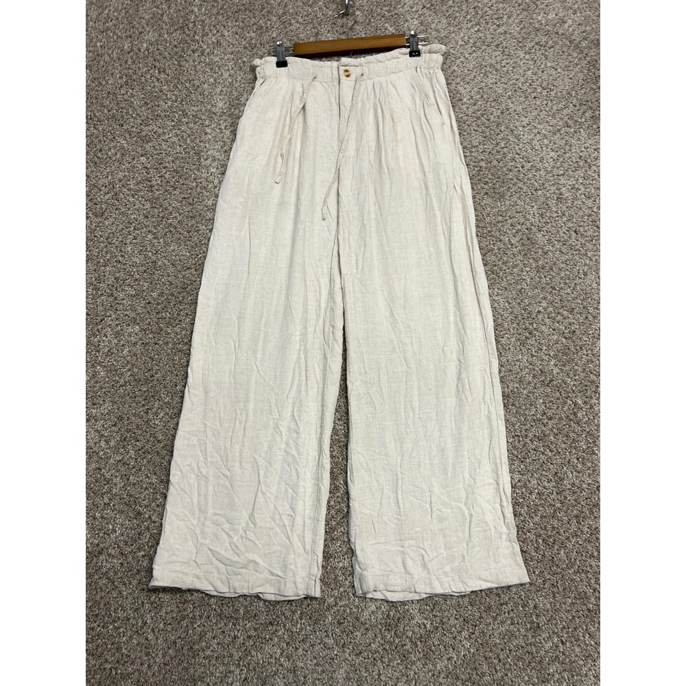 Thread & Supply Women Oatmeal Beige Linen Blend Wide Leg Paperbag Pants Medium